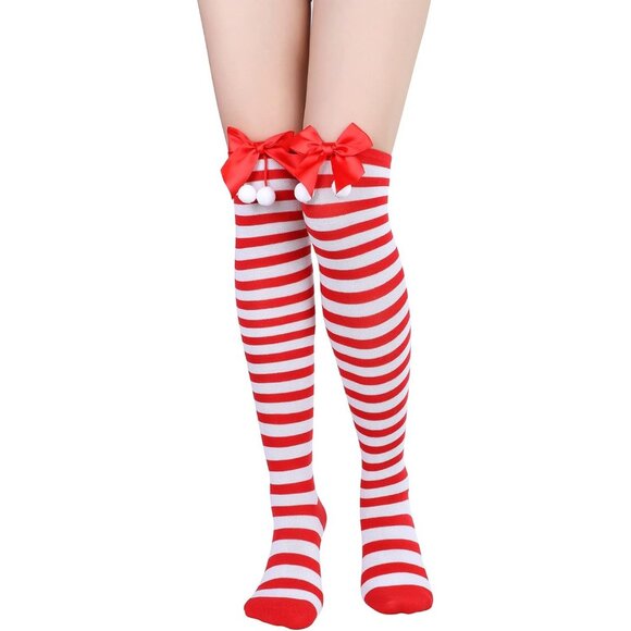 Womens Knee High Socks Long White Red Striped&red Ball - Picture 2 of 4